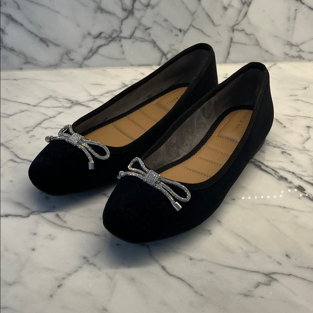 Kelly & Katie Black Flats with Silver Bow